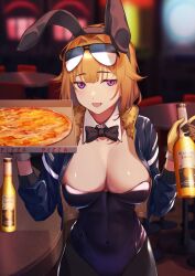 Rule 34 | 1girl, 3 small spiders, animal ears, black gloves, black leotard, black pantyhose, blue jacket, blurry, blurry background, blush, bottle, box, breasts, brown hair, cleavage, cropped jacket, eyewear on head, fake animal ears, food, fur-trimmed jacket, fur trim, girls&#039; frontline, gloves, grizzly mkv (girls&#039; frontline), highres, holding, holding bottle, holding box, jacket, large breasts, leotard, looking at viewer, open mouth, pantyhose, pizza, pizza box, playboy bunny, purple eyes, rabbit ears, short hair, smile, solo, stool, sunglasses, table, two-tone gloves, upper body, yellow gloves