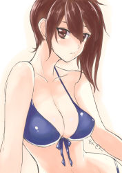 Rule 34 | 10s, 1girl, artist name, bikini, breasts, brown eyes, brown hair, cleavage, gradient background, kaga (kancolle), kantai collection, large breasts, looking at viewer, sensen, side ponytail, solo, swimsuit