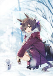 Rule 34 | 1girl, alternate costume, animal ears, bag, blurry, blurry background, brown hair, coat, hair between eyes, hair ornament, highres, horse ears, horse girl, horse tail, looking at viewer, murasaki himuro, shoes, sitting, smart falcon (umamusume), snow, snowman, solo, tail, tree, umamusume, winter, winter clothes, winter coat, yellow eyes