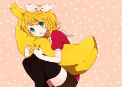 Rule 34 | 1girl, blonde hair, blue eyes, bow, female focus, hair bow, hair ornament, hairclip, hug, kagamine rin, looking at viewer, hugging object, pillow, pillow hug, short hair, shorts, smile, solo, spotted, thighhighs, vocaloid