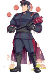 Rule 34 | 1boy, aizen (housamo), alternate costume, bara, black hair, facial mark, forehead mark, full body, gloves, halo, halo behind head, hat, kijimahyogo, looking at viewer, male focus, official art, open mouth, pants, pectorals, police, police hat, police uniform, red eyes, solo, tokyo houkago summoners, transparent background, uniform