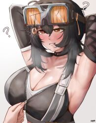 1boy 1girl ? armpits arms_behind_head black_gloves black_hair blush breasts bright_pupils cleavage coin coin_on_string commentary crop_top elbow_gloves eroborne gloves goggles goggles_on_head grace_howard grey_background hair_between_eyes heart heart-shaped_pupils highres holed_coin hypnosis large_breasts long_hair mind_control orange_eyes parted_lips partially_unzipped presenting_armpit revision signature smile solo_focus symbol-shaped_pupils upper_body white_pupils zenless_zone_zero