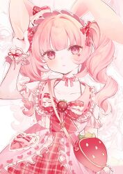 Rule 34 | 1girl, absurdres, animal ears, arm up, bag, blush, bow, bowtie, collarbone, dress, facial mark, food, food-themed bag, frills, fruit, hair bow, hairband, hand up, heart, heart facial mark, highres, long hair, looking at viewer, original, pink dress, pink eyes, pink hair, plaid, plaid skirt, rabbit ears, red bow, ribbon, shoulder bag, skirt, solo, strawberry, twintails, usanta, wrist cuffs, zoom layer