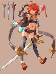 Rule 34 | 1girl, ahoge, armor, arms up, bag, bare shoulders, bedroll, black bag, black gloves, black legwear, breasts, brown background, brown footwear, cleavage, earrings, fingerless gloves, gloves, green eyes, highres, holding, holding sword, holding weapon, hoop earrings, jewelry, medium hair, navel, open mouth, original, potion, pouch, red hair, rein00, simple background, single earring, smile, striped clothes, striped legwear, striped thighhighs, sword, teeth, thighhighs, tongue, vambraces, vertical-striped clothes, vertical-striped thighhighs, weapon