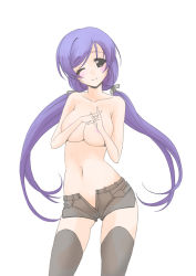 Rule 34 | 10s, 1girl, ;), blush, breasts, cleavage, crossed fingers, frapowa, long hair, looking at viewer, love live!, love live! school idol project, navel, one eye closed, open fly, purple hair, short shorts, shorts, simple background, smile, solo, standing, thighhighs, topless, tojo nozomi, twintails, unzipped, very long hair, white background, wink, x fingers