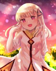 Rule 34 | :d, blonde hair, blunt bangs, blurry, blurry background, character request, cloud, dress, evening, hair ornament, hand in own hair, highres, karingityou, long hair, open mouth, outdoors, pink dress, pink eyes, rosetta, rune factory, short sleeves, sky, smile, tree