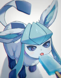 Rule 34 | blue eyes, blush, creatures (company), food, game freak, gen 4 pokemon, glaceon, highres, kaminokefusa, nintendo, no humans, pokemon, pokemon (creature), popsicle, shadow, simple background, solo, tongue, tongue out, white background
