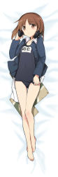 Rule 34 | 10s, 1girl, adjusting clothes, adjusting swimsuit, bare legs, barefoot, bed sheet, blue jacket, blue one-piece swimsuit, blush, bob cut, brown eyes, brown hair, camouflage, dakimakura (medium), feet, full body, girls und panzer, hand on headphones, headphones, headset, highres, jacket, light smile, long image, long sleeves, looking at viewer, lying, military, military uniform, name tag, nishizumi miho, official art, on back, one-piece swimsuit, open clothes, open jacket, school swimsuit, shimada fumikane, short hair, solo, swimsuit, swimsuit under clothes, tall image, throat microphone, toes, uniform
