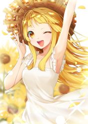 Rule 34 | 1girl, ;d, arm up, armpits, bang dream!, blonde hair, blurry, blurry background, commentary, dress, flower, frilled dress, frills, hat, highres, minori (faddy), one eye closed, open mouth, petals, sidelocks, smile, solo, straw hat, sun hat, sundress, sunflower, symbol-only commentary, tsurumaki kokoro, upper body, white dress, yellow eyes