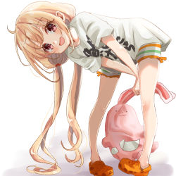 Rule 34 | 1girl, bent over, blonde hair, clothes writing, commentary request, futaba anzu, highres, holding, holding stuffed toy, idolmaster, idolmaster cinderella girls, long hair, looking at viewer, low twintails, open mouth, orange footwear, pink eyes, rino cnc, shirt, short sleeves, simple background, smile, solo, standing, stuffed animal, stuffed rabbit, stuffed toy, t-shirt, twintails, white background, you work you lose
