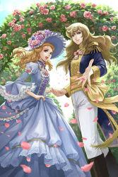 Rule 34 | 2girls, blonde hair, blue eyes, boots, bow, choker, crossdressing, day, dress, drill hair, flower, holding hands, hat, highres, hinata gureko, jewelry, lace-trimmed sleeves, lace trim, long hair, looking at viewer, marie antoinette (versailles no bara), multiple girls, open mouth, oscar francois de jarjayes, outdoors, outstretched hand, pants, petals, reverse trap, rose, skirt hold, sky, smile, standing, striped, striped bow, versailles no bara, wide sleeves
