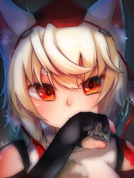 Rule 34 | 1girl, animal ear fluff, animal ears, black gloves, closed mouth, commentary, gloves, hat, highres, inubashiri momiji, looking at viewer, orange eyes, otomen maru-no-uchi, partially fingerless gloves, pom pom (clothes), shirt, short hair, signature, solo, symbol-only commentary, tokin hat, touhou, upper body, white hair, white shirt, wolf ears, wolf girl