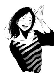 Rule 34 | 1girl, arm up, blush, collarbone, closed eyes, greyscale, long hair, monochrome, open mouth, original, poaro, solo, white background