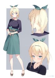 Rule 34 | 1girl, absurdres, aqua eyes, blonde hair, blush, bow, bowtie, buttons, closed mouth, collarbone, full body, grey background, hairband, hana mori, highres, hololive, jewelry, kazama iroha, long hair, long skirt, long sleeves, looking at viewer, multiple views, necklace, own hands together, page number, ponytail, ring, scan, shoes, simple background, skirt, solo, standing, tears, upper body, virtual youtuber
