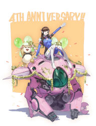 Rule 34 | 1girl, absurdres, anniversary, arm cannon, balloon, blue bodysuit, bodysuit, breasts, brown eyes, brown hair, buck teeth, clenched hand, confetti, d.va (overwatch), gloves, hammond (overwatch), hamster, heart, highres, looking at viewer, mecha, medium breasts, meka (overwatch), open mouth, overwatch, overwatch 1, passimo, pilot suit, robot, smile, star (symbol), teeth, weapon, whiskers, white gloves