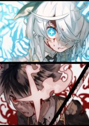Rule 34 | + +, 2boys, ahoge, black hair, black necktie, black suit, blood, blood in hair, blood on face, bloody weapon, blouse, blue eyes, collared jacket, collared shirt, colored tips, disembodied limb, fang, flaming eye, formal, hair over one eye, highres, jacket, katana, looking at viewer, medium hair, multicolored hair, multiple boys, necktie, original, red eyes, shinagire (sinanohaka), shirt, short eyebrows, suit, suit jacket, sword, torn clothes, two-tone hair, weapon, white hair, white shirt, white suit