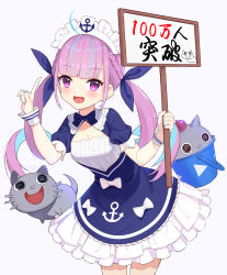 Rule 34 | 1girl, :d, anchor print, anchor symbol, bad id, bad pixiv id, blue dress, blue nails, blue ribbon, blunt bangs, blush, bow, braid, breasts, cleavage, cowboy shot, dress, drill hair, french braid, hair ribbon, highres, holding, holding sign, hololive, index finger raised, leaning forward, long hair, looking at viewer, maid headdress, minato aqua, minato aqua (1st costume), multicolored hair, nail polish, nijyuuhaku, open mouth, pink eyes, pink hair, puffy short sleeves, puffy sleeves, ribbon, short sleeves, sign, simple background, small breasts, smile, solo, standing, streaked hair, twin drills, twintails, very long hair, virtual youtuber, white background, white bow, white headwear