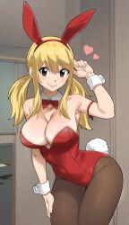 Rule 34 | 1girl, animal costume, blonde hair, breasts, cleavage, fairy tail, gaston18, highres, large breasts, leotard, long hair, lucy heartfilia, playboy bunny, rabbit costume, twintails