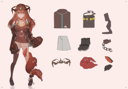 Rule 34 | 1girl, absurdres, aer7o, asymmetrical legwear, bad id, bad pixiv id, beige background, black footwear, black gloves, black thighhighs, blush, boots, bow, breasts, brown camisole, brown eyes, brown hair, brown jacket, brown shorts, camisole, character sheet, closed mouth, collarbone, cuffs, gloves, headpiece, highres, jacket, long hair, long sleeves, looking at viewer, medium breasts, monster, open clothes, open jacket, original, short shorts, shorts, simple background, single thighhigh, smile, solo, standing, star-shaped pupils, star (symbol), suction cups, symbol-shaped pupils, tentacles, thighhighs, uneven legwear, yellow bow