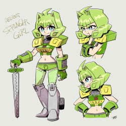 Rule 34 | 1girl, :t, boots, breasts, character name, gender request, genderswap, green hair, humanization, insignia, multiple views, personification, shorts, springer (transformers), sword, thighhighs, transformers, weapon