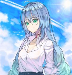 Rule 34 | 1girl, ahoge, aqua hair, bad id, bad pixiv id, blue hair, blush, breasts, cleavage, day, glasses, gradient hair, green eyes, hwayoung, long hair, medium breasts, multicolored hair, original, parted lips, short sleeves, sky, smile, solo, two-tone hair, upper body