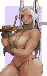 Rule 34 | 1girl, alternate hairstyle, animal ears, arm under breasts, bikini, boku no hero academia, border, braid, breasts, brown bikini, brown gloves, claymore (sword), cleavage, commentary, dark-skinned female, dark skin, facepaint, gloves, gud0c, hair bun, highres, holding, holding sword, holding weapon, large breasts, linea alba, long eyelashes, long hair, looking at viewer, mirko, navel, o-ring, o-ring bottom, over shoulder, parted bangs, purple background, rabbit ears, rabbit girl, red eyes, single bare shoulder, single hair bun, smile, solo, swimsuit, sword, sword over shoulder, symbol-only commentary, thick thighs, thighs, toned, turtleneck, veins, veiny breasts, weapon, weapon over shoulder, white border, white hair