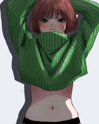 Rule 34 | 1girl, arms up, black eyes, blush, brown hair, covered mouth, cropped sweater, green sweater, highres, long sleeves, looking at viewer, midriff, mole, mole on stomach, navel, original, shadow, short hair, simple background, solo, sweater, turtleneck, turtleneck sweater, upper body, white background, yellowunk
