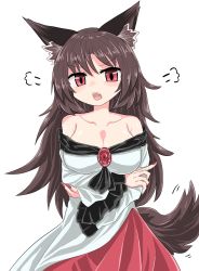 Rule 34 | 1girl, angry, animal ears, breasts, brooch, brown hair, brown tail, chups, cleavage, dress, fingernails, highres, imaizumi kagerou, jewelry, long fingernails, long hair, long sleeves, looking at viewer, nail polish, off-shoulder dress, off shoulder, open mouth, red eyes, red nails, simple background, solo, tail, teeth, touhou, v-shaped eyebrows, werewolf, white background, white dress, wolf ears, wolf tail