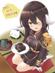 Rule 34 | 1girl, 1other, azur lane, bamboo cup, black hair, blush, breasts, brown hair, commentary request, dated, epaulettes, food, gloves, hair between eyes, highres, horns, long hair, long sleeves, looking at viewer, meowfficer (azur lane), mikasa (azur lane), military, military uniform, one eye closed, seiza, sitting, skirt, smile, tonchinkan, uniform, white gloves, yellow eyes