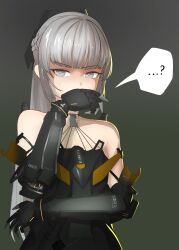 Rule 34 | ...?, 1girl, absurdres, bare shoulders, black dress, braid, covering own mouth, dress, french braid, grey eyes, grey hair, headgear, highres, long hair, looking at viewer, mechanical arms, nanami: pulse (punishing: gray raven), nanami (punishing: gray raven), ponytail, punishing: gray raven, sidelocks, solo, speech bubble, stpen