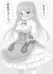 Rule 34 | 1girl, blush, box, breasts, cleavage, conte di cavour (kancolle), conte di cavour nuovo (kancolle), dress, feet out of frame, gift, gift box, greyscale, heart-shaped box, highres, holding, holding gift, kantai collection, layered dress, long hair, looking at viewer, medium breasts, monochrome, open mouth, solo, speech bubble, toka (marchlizard), translation request, valentine