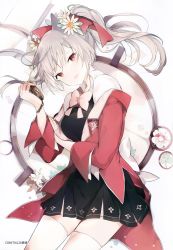 Rule 34 | 1girl, :d, absurdres, animal ears, black dress, blush, book, bow, breasts, chain, collared shirt, dress, flower, grey hair, hair bow, hair flower, hair ornament, head tilt, highres, holding, huge filesize, jacket, long hair, long sleeves, looking at viewer, lpip, medium breasts, open book, open clothes, open jacket, open mouth, original, pink bow, pink flower, pleated dress, pocket watch, red bow, red eyes, red jacket, shirt, sidelocks, sleeveless, sleeveless dress, smile, solo, thighhighs, twintails, watch, white bow, white flower, white shirt, white thighhighs
