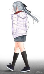 Rule 34 | 1girl, alternate costume, black footwear, black ribbon, black socks, breath, coat, commentary request, dated, from behind, full body, grey hair, grey shorts, hair ribbon, hands in pockets, hood, hood down, kantai collection, kanzaki muyu, kasumi (kancolle), kasumi kai ni (kancolle), kneehighs, kneepits, long hair, ribbon, shadow, shoes, shorts, side ponytail, sidelocks, sneakers, socks, solo, twitter username, walking, white coat, winter clothes