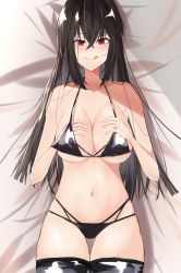 Rule 34 | 1girl, azur lane, bare shoulders, bed, bed sheet, bikini, black bikini, black hair, blush, breasts, cleavage, collarbone, cowboy shot, gaberiru13, hair between eyes, hands on own breasts, highres, large breasts, licking lips, long hair, looking at viewer, lying, multi-strapped bikini, navel, on back, red eyes, smile, solo, stomach, swimsuit, taihou (azur lane), taihou (enraptured companion) (azur lane), thighhighs, tongue, tongue out, very long hair