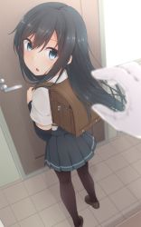 Rule 34 | 10s, 1girl, :o, arm warmers, asashio (kancolle), back, backpack, bag, black hair, blue eyes, brown footwear, brown thighhighs, door, doorknob, from behind, full body, gloves, hair between eyes, hands up, kantai collection, loafers, long hair, looking at viewer, looking back, miniskirt, nagami yuu, open mouth, pantyhose, pleated skirt, pov, randoseru, school uniform, shirt, shoes, short sleeves, skirt, smile, solo, solo focus, standing, suspenders, thighhighs, tile floor, tiles, white gloves
