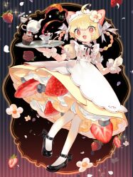 Rule 34 | 1girl, ahoge, animal-themed food, apron, black footwear, blonde hair, blueberry, blush, braid, braided hair rings, cherry, commentary, cup, dress, fang, flower, food, food on hair, frilled cuffs, frills, fruit, furry, hair flower, hair ornament, hair rings, highres, holding, holding plate, looking at viewer, maid, maid headdress, muffin, myu (3u gumi), open mouth, original, pantyhose, plate, puffy short sleeves, puffy sleeves, red eyes, ribbon, short sleeves, sidelocks, solo, spoon, strap, strawberry, sugar cube, symbol-only commentary, teacup, teapot, wrist cuffs