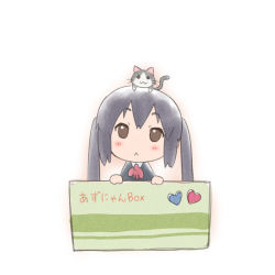 Rule 34 | 1girl, :&lt;, :3, animal, animal on head, black hair, blazer, box, brown eyes, cat, cat on head, chibi, errant, heart, in box, in container, jacket, k-on!, nakano azusa, on head, school uniform, simple background, solo, twintails