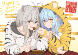 Rule 34 | 2022, 2girls, absurdres, ahoge, animal costume, animal ear fluff, animal ears, animal print, blue hair, blush, breasts, chinese zodiac, ear piercing, eyes visible through hair, fang, grey eyes, grey hair, heart, heart ahoge, highres, holding another&#039;s wrist, hololive, lion ears, long hair, micon, multiple girls, new year, onesie, open mouth, piercing, pointy ears, shishiro botan, sidelocks, tiger costume, tiger print, tongue, tongue out, virtual youtuber, year of the tiger, yellow eyes, yukihana lamy, yuri
