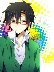 Rule 34 | 1boy, :|, alternate costume, bad id, bad pixiv id, bespectacled, black hair, blue background, cardigan, closed mouth, collared shirt, commentary request, glasses, green background, green cardigan, hair between eyes, hair ornament, hairclip, half-closed eyes, highres, kagerou project, long bangs, looking at viewer, male focus, mekakucity actors, multicolored background, partial commentary, pink background, purple background, rectangular eyewear, red-framed eyewear, semi-rimless eyewear, seto kousuke, setoo0115, shirt, short hair, solo, spiked hair, under-rim eyewear, upper body, white background, white shirt, yellow background, yellow eyes
