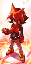 Rule 34 | 1girl, angry, atlas (mega man), belt, bodystocking, bodysuit, bodysuit under clothes, breasts, brown hair, capcom, fire, fire, from above, hair between eyes, inti creates, large breasts, legs apart, maruwa, mega man (series), mega man zx, mega man zx advent, model f, multicolored hair, orange footwear, orange hair, pants, red eyes, serious, shoes, sidelocks, solo, spiked hair, standing, two-tone hair, white pants