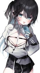 Rule 34 | 1girl, absurdres, belt, black gloves, black hair, black nails, black skirt, blue eyes, blush, breasts, cellphone, cleavage, cowboy shot, fang, fingerless gloves, gloves, hair between eyes, hair ornament, highres, holding, holding phone, long hair, long sleeves, looking at viewer, multicolored hair, nail polish, open mouth, original, phone, puffy sleeves, simple background, skirt, sleeves past wrists, smartphone, smile, solo, streaked hair, tamafurin, tongue, two side up, white background, x hair ornament