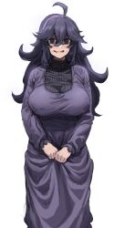Rule 34 | 1girl, @ @, absurdres, ahoge, alternate breast size, awesomeerix, black dress, black eyes, black hair, blush, breasts, creatures (company), dress, game freak, hairband, hex maniac (pokemon), highres, large breasts, long dress, long hair, long sleeves, looking at viewer, messy hair, nintendo, open mouth, pokemon, pokemon xy, purple hairband, sitting, smile, solo