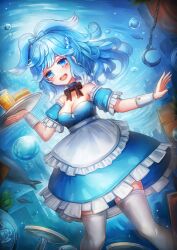 Rule 34 | 1girl, absurdres, alternate breast size, alternate costume, apron, bare shoulders, black bow, black bowtie, blue choker, blue dress, blue eyes, blue hair, bow, bowtie, breasts, choker, cleavage, commentary request, detached sleeves, dress, enmaided, frilled apron, frilled sleeves, frills, highres, holding, holding tray, hololive, hololive indonesia, kobo kanaeru, maid, medium breasts, puffy detached sleeves, puffy short sleeves, puffy sleeves, short sleeves, skindentation, strapless, strapless dress, thighhighs, tray, underwater, virtual youtuber, waist apron, white apron, white thighhighs, wrist cuffs, ziteng yue