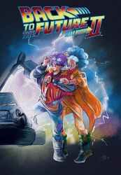 Rule 34 | 1boy, 1girl, back to the future, bulma, cosplay, delorean, dragonball z, emmett brown (cosplay), highres, marty mcfly (cosplay), mother and son, purple hair, sunglasses, trunks (dragon ball), trunks (future) (dragon ball)