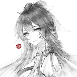 Rule 34 | 1123 caomei wei qishui, 1girl, closed mouth, douluo dalu, dress, earrings, from side, greyscale, hair ornament, highres, jewelry, long hair, looking at viewer, monochrome, short sleeves, smile, solo, tang wutong (douluo dalu), upper body, white background