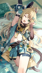 Rule 34 | 1girl, ahoge, animal ears, arm up, bare shoulders, bell, black tank top, blue skirt, blue vest, blush, breasts, cat ears, cat girl, cat tail, choker, crop top, detached sleeves, floral print, genshin impact, green eyes, hair ornament, hairclip, high ponytail, highres, jingle bell, kirara (genshin impact), light brown hair, long hair, looking at viewer, lying, medium breasts, miniskirt, motto (night wear), multiple tails, navel, on back, one eye closed, open clothes, open mouth, open vest, sidelocks, skirt, slit pupils, solo, tail, tank top, tassel, thighs, two tails, vest, vision (genshin impact), yawning