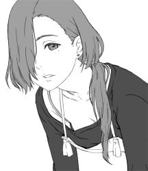 Rule 34 | 1girl, angelica (sakura quest), apron, earrings, greyscale, hair over one eye, hair over shoulder, jewelry, kaburagi yuki, long hair, long sleeves, looking at viewer, mole, mole under eye, monochrome, ponytail, sakura quest, simple background, solo, white background