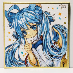 Rule 34 | 1girl, ahoge, animal ear fluff, animal ears, blackcat (blackcatbox), blue eyes, blue hair, cat ears, closed mouth, commentary request, dress, dutch angle, hands up, holding, holding own hair, index finger raised, indie virtual youtuber, long hair, looking at viewer, mayoico hane, painting (medium), photo (medium), quad tails, shikishi, signature, smile, solo, sparkle, split mouth, traditional media, turtleneck, upper body, very long hair, virtual youtuber, watercolor (medium), white background, white dress, wide sleeves