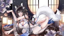 Rule 34 | 1girl, all fours, animal ear fluff, animal ears, artist name, ass, bare shoulders, black hair, blue eyes, blue footwear, breasts, cherry blossoms, china dress, chinese clothes, cleavage, cleavage cutout, closed mouth, clothing cutout, dress, flower, fox ears, fox girl, fox tail, full body, hair flower, hair ornament, high heels, highres, indie virtual youtuber, indoors, lantern, large breasts, long hair, looking at viewer, pumps, ringeko-chan, sakae izumi, shoes, sleeveless, sleeveless dress, smile, solo, stiletto heels, tail, thighhighs, virtual youtuber, white dress, white flower, white thighhighs, wooden floor