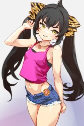 Rule 34 | 1girl, absurdres, bare arms, bare shoulders, black hair, bow, camisole, commentary, cowboy shot, denim, denim shorts, grin, guchurimu genrishugi, hair bow, hand up, heart, heart necklace, highres, idolmaster, idolmaster cinderella girls, idolmaster cinderella girls u149, jewelry, long hair, looking at viewer, matoba risa, midriff, navel, necklace, pink camisole, shorts, smile, solo, teeth, twintails, yellow eyes